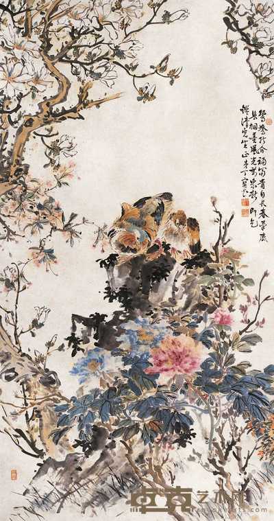 丁宝书 鸳鸯富贵图 立轴 174×92cm